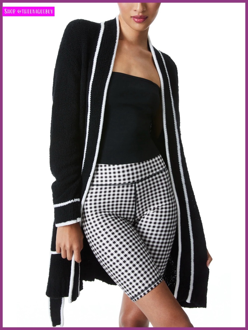 Alice + Olivia Doria Wool Blend Black White Belted Sweater Cardigan
